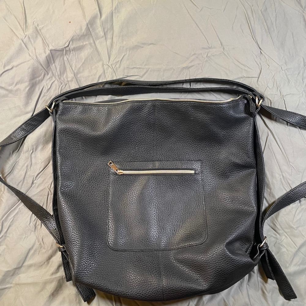 Black Pebbled Vegan Leather Convertible Backpack Shoulder Tote Hobo Bag